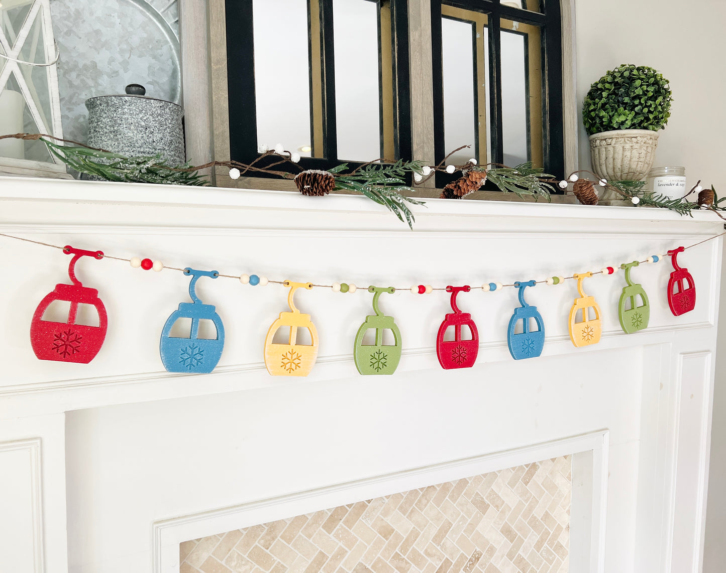Ski gondola DIY garland handmade with painted wood pieces. Free shipping