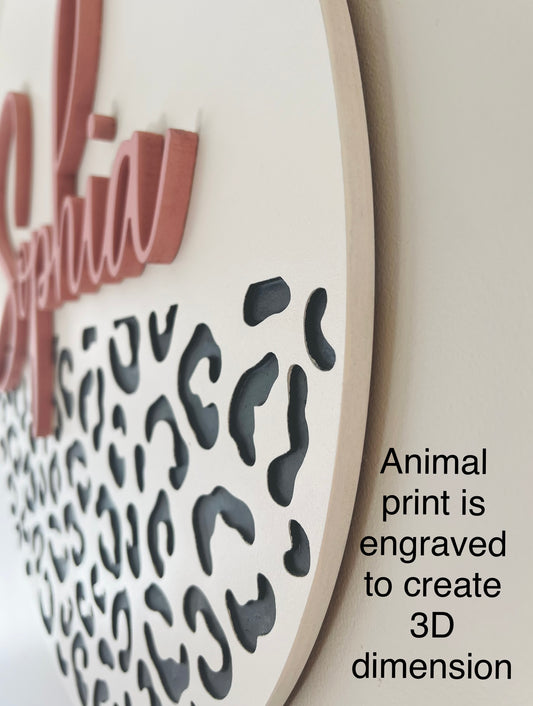Round nursery name sign with leopard print, customize colors