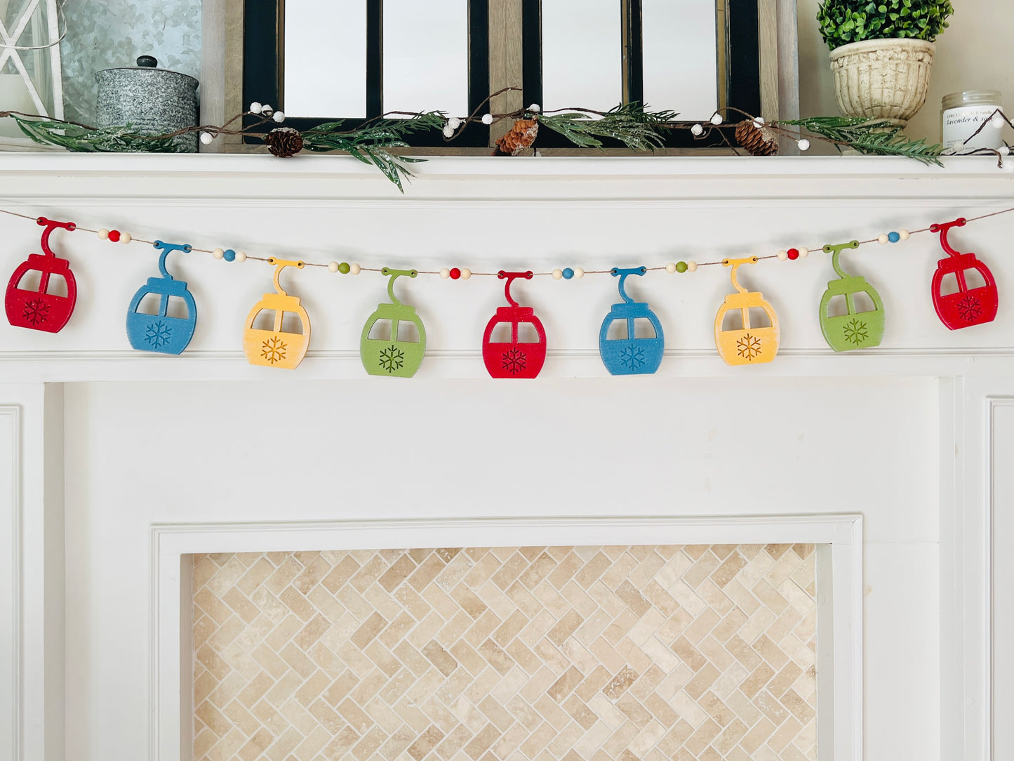 Ski gondola DIY garland handmade with painted wood pieces. Free shipping