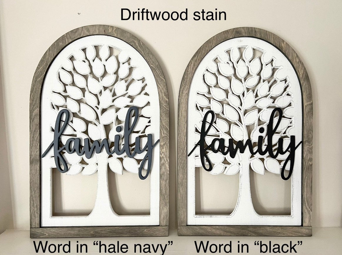 Family tree sign with last name or the word "family". Customize by size and color.