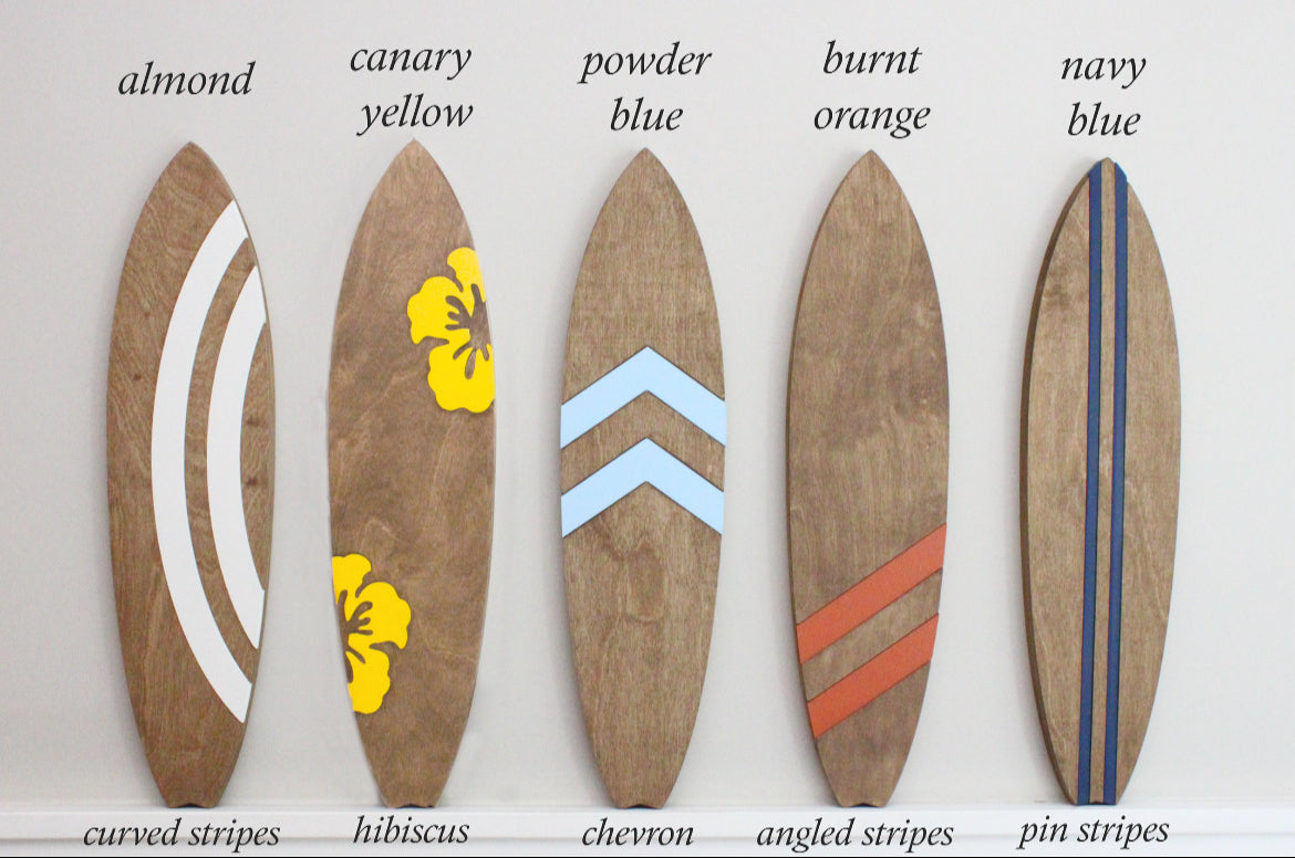 36"x10” wooden surfboard wall decor with custom colored accent inlays for beach inspired room