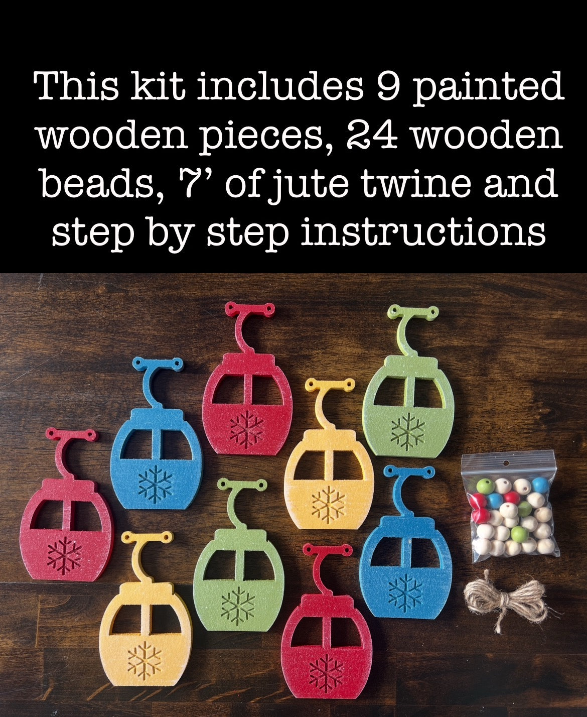 Ski gondola DIY garland handmade with painted wood pieces. Free shipping