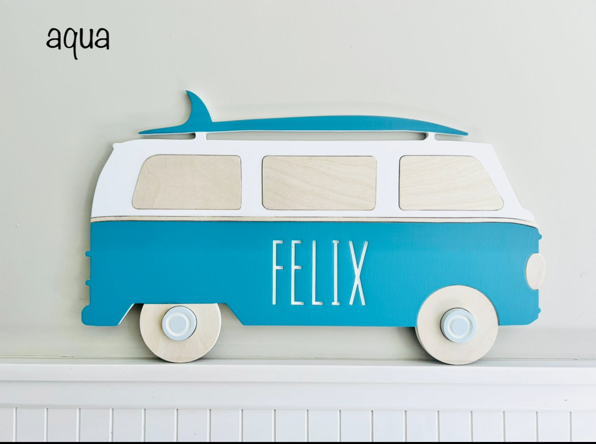 Nursery name sign retro bus for beach themed room, personalized with your baby's name