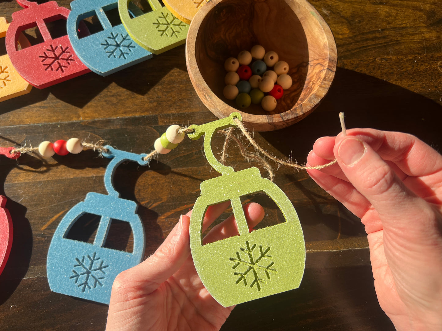 Ski gondola DIY garland handmade with painted wood pieces. Free shipping
