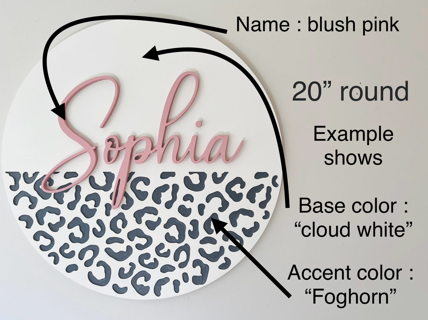 Round nursery name sign with leopard print, customize colors