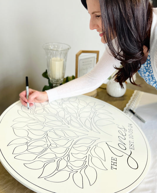 Alternative wedding guestbook sign with signable leaves, last name wedding keepsake