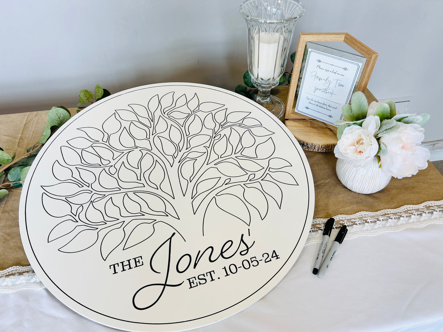 Alternative wedding guestbook sign with signable leaves, last name wedding keepsake