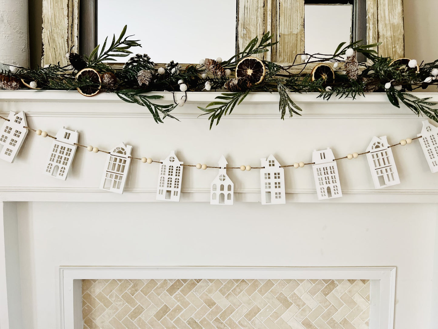 White house Christmas Village garland mantle decoration