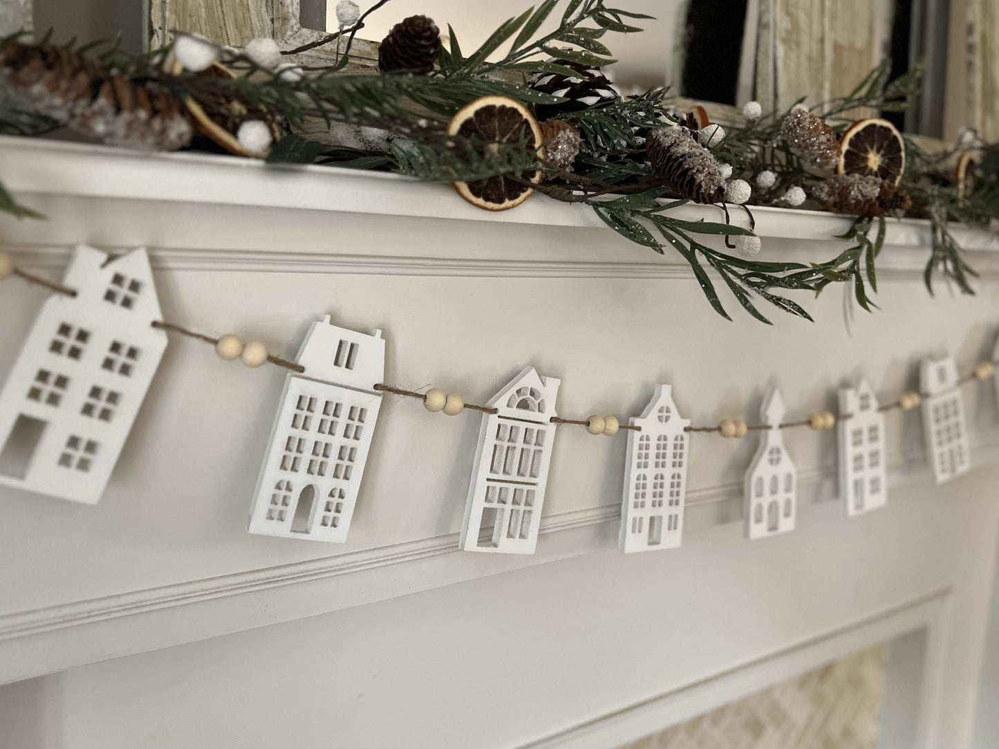White house Christmas Village garland mantle decoration