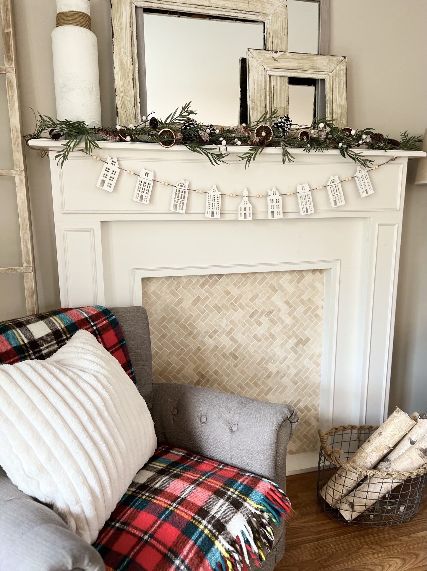 White house Christmas Village garland mantle decoration