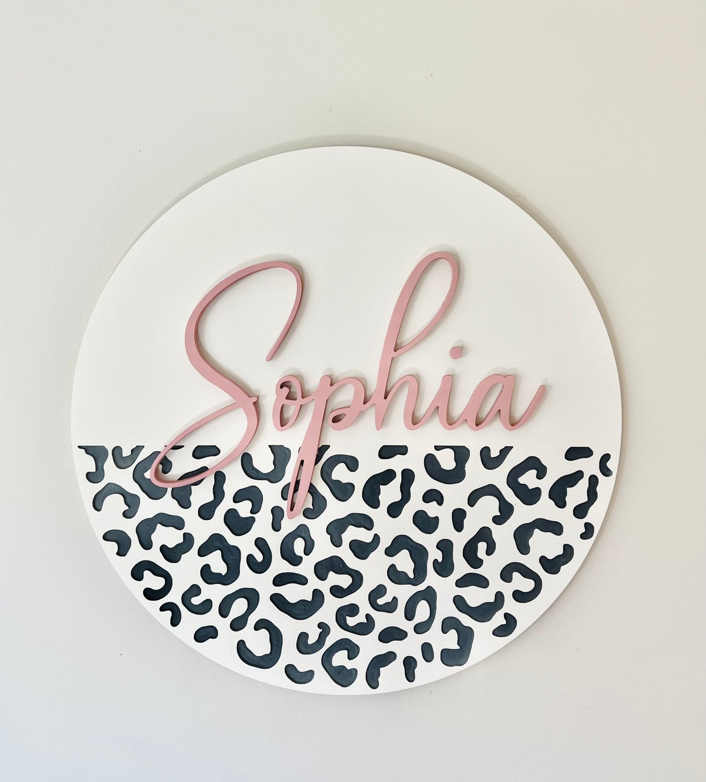 Round nursery name sign with leopard print, customize colors