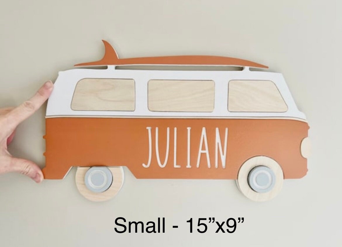Nursery name sign retro bus for beach themed room, personalized with your baby's name