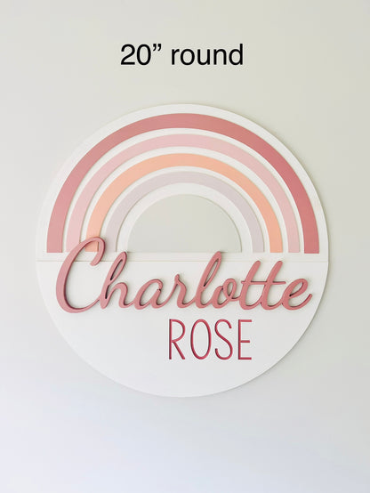 Round rainbow nursery sign with name for baby girl room, boho themed, choose your colors
