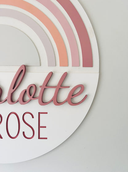 Round rainbow nursery sign with name for baby girl room, boho themed, choose your colors