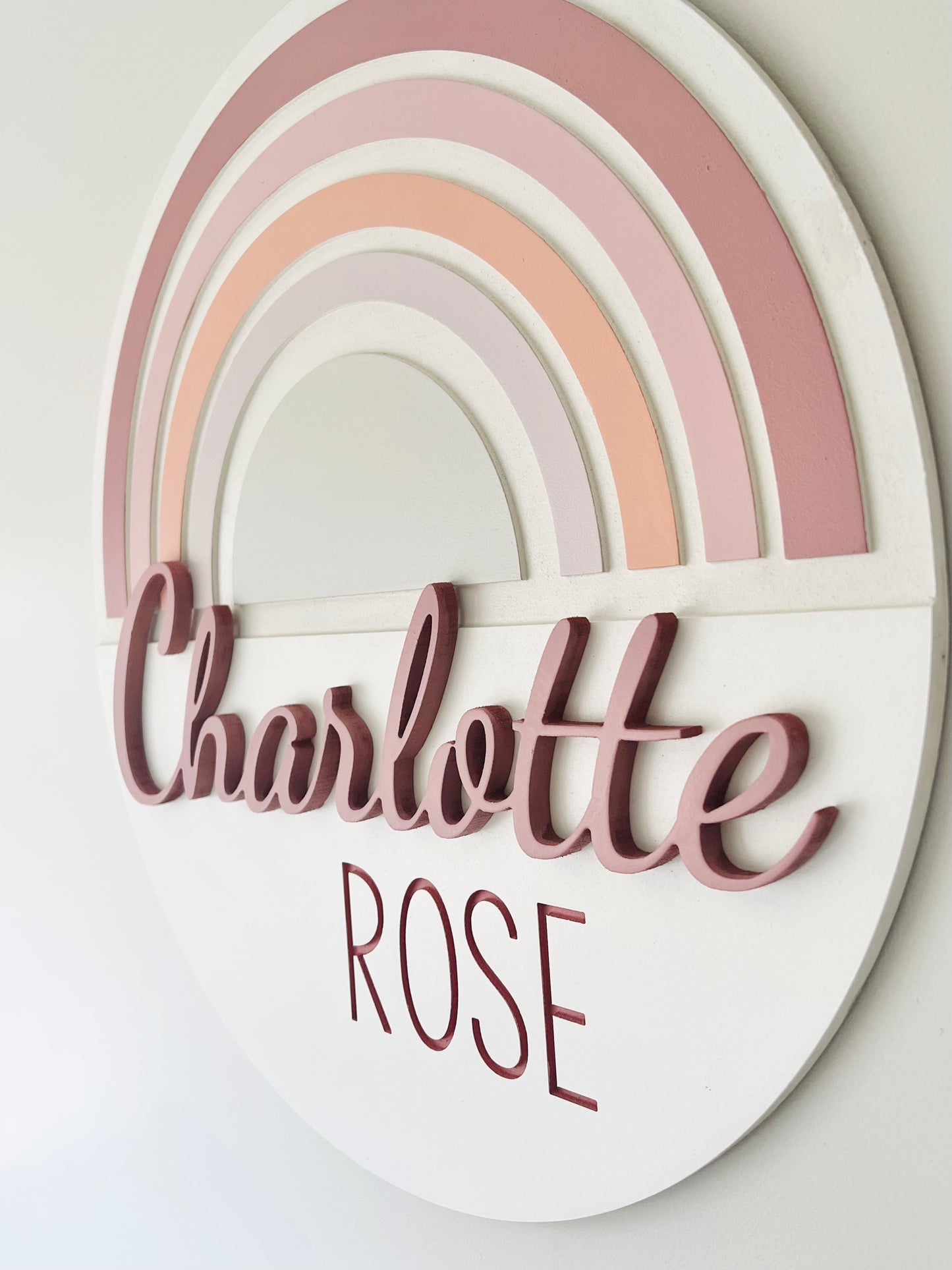 Round rainbow nursery sign with name for baby girl room, boho themed, choose your colors