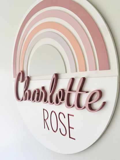 Round rainbow nursery sign with name for baby girl room, boho themed, choose your colors