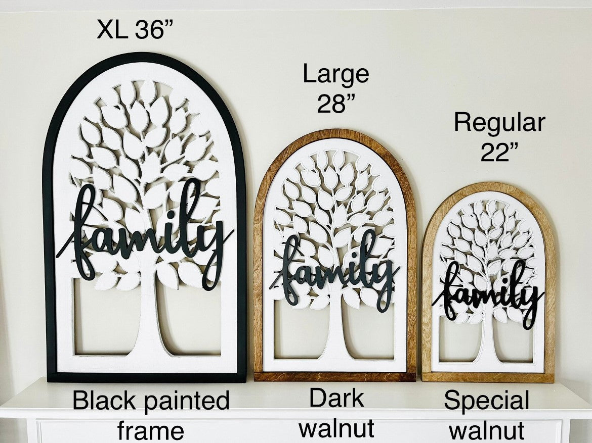 Family tree sign with last name or the word "family". Customize by size and color.