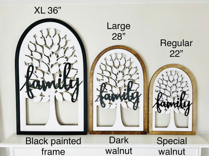 Family tree sign with last name or the word "family". Customize by size and color.