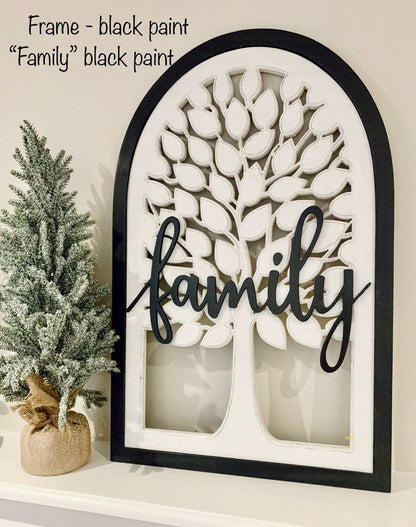 Family tree sign with last name or the word "family". Customize by size and color.