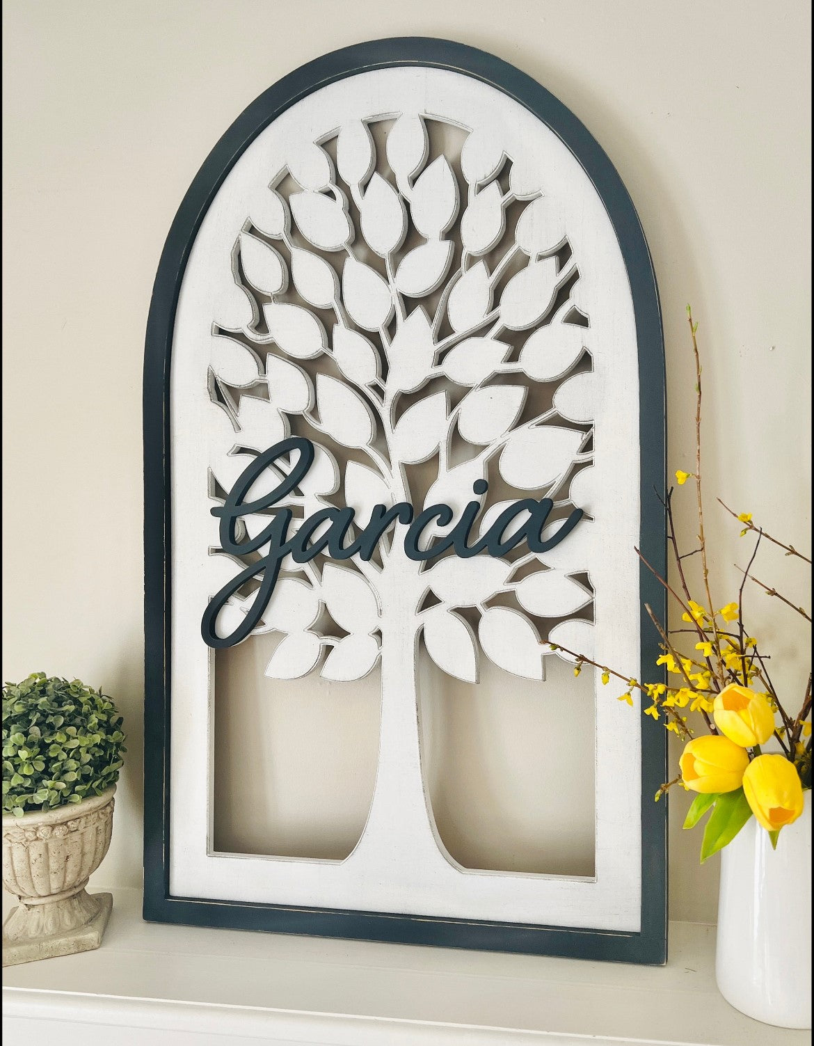 Family tree sign with last name or the word "family". Customize by size and color.