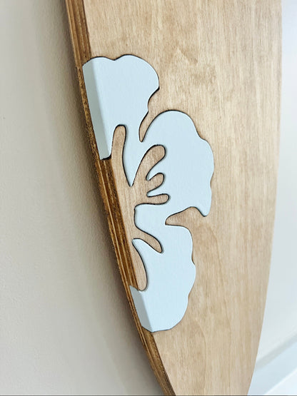 36"x10” wooden surfboard wall decor with custom colored accent inlays for beach inspired room