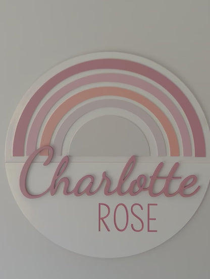 Round rainbow nursery sign with name for baby girl room, boho themed, choose your colors