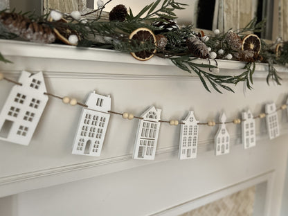 White house Christmas Village garland mantle decoration