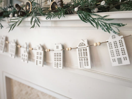 White house Christmas Village garland mantle decoration