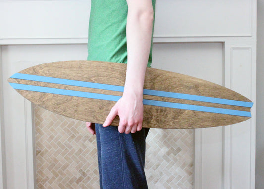 36"x10” wooden surfboard wall decor with custom colored accent inlays for beach inspired room