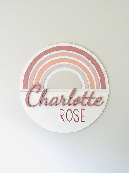 Round rainbow nursery sign with name for baby girl room, boho themed, choose your colors