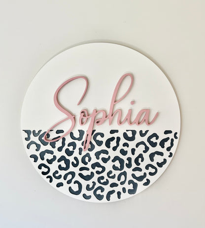 Round nursery name sign with leopard print, customize colors