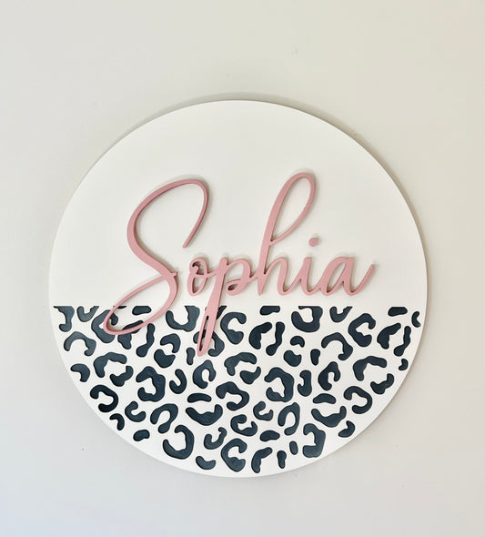 Round nursery name sign with leopard print, customize colors