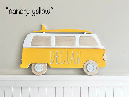 Nursery name sign retro bus for beach themed room, personalized with your baby's name