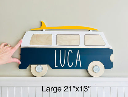 Nursery name sign retro bus for beach themed room, personalized with your baby's name